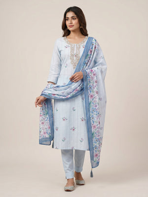 Peachmode Blue Linen Dress Material with Floral Print - Image 1