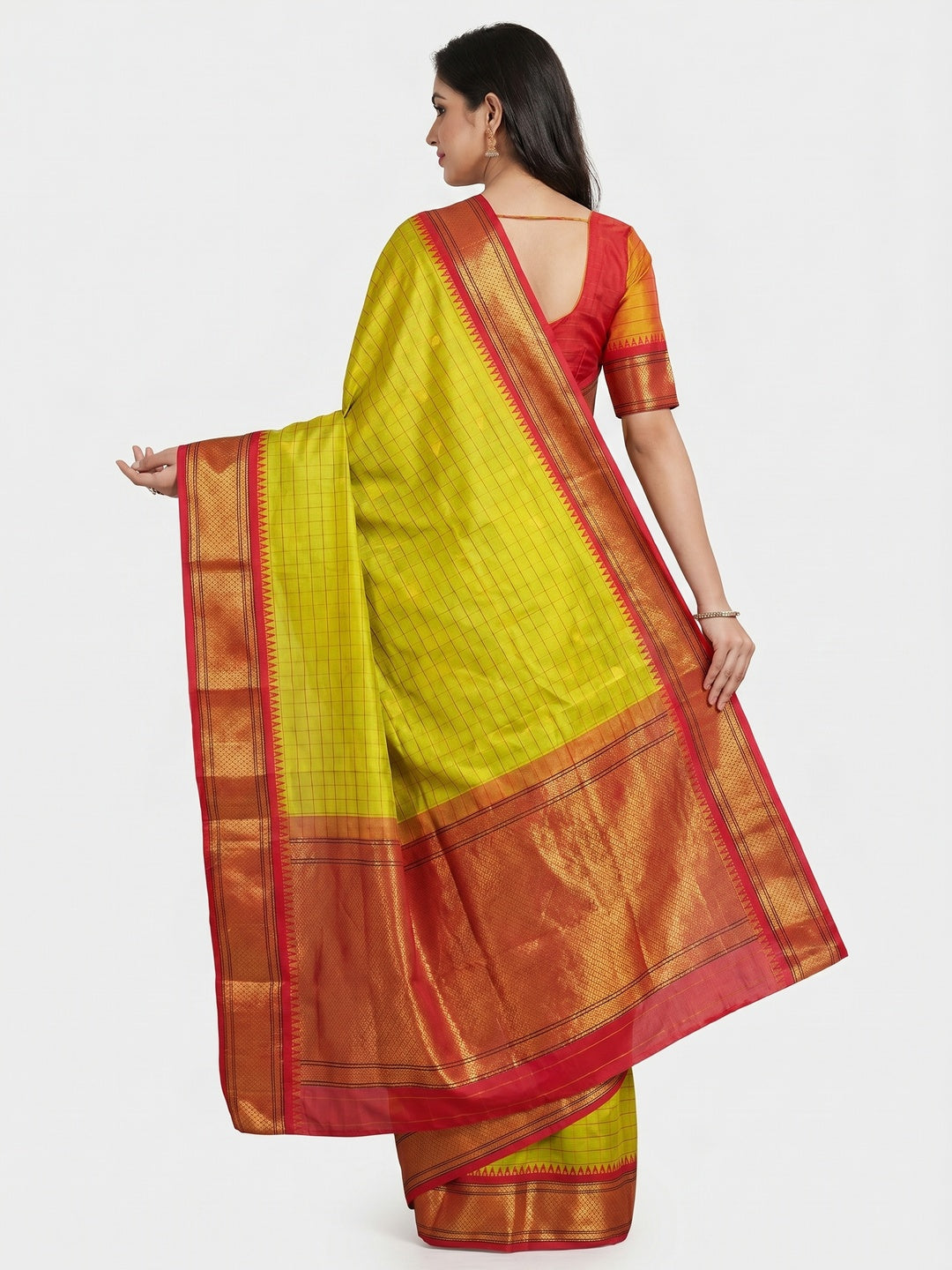 Lemon Green & Red Woven Cotton Silk Saree With Tassels - Image 2