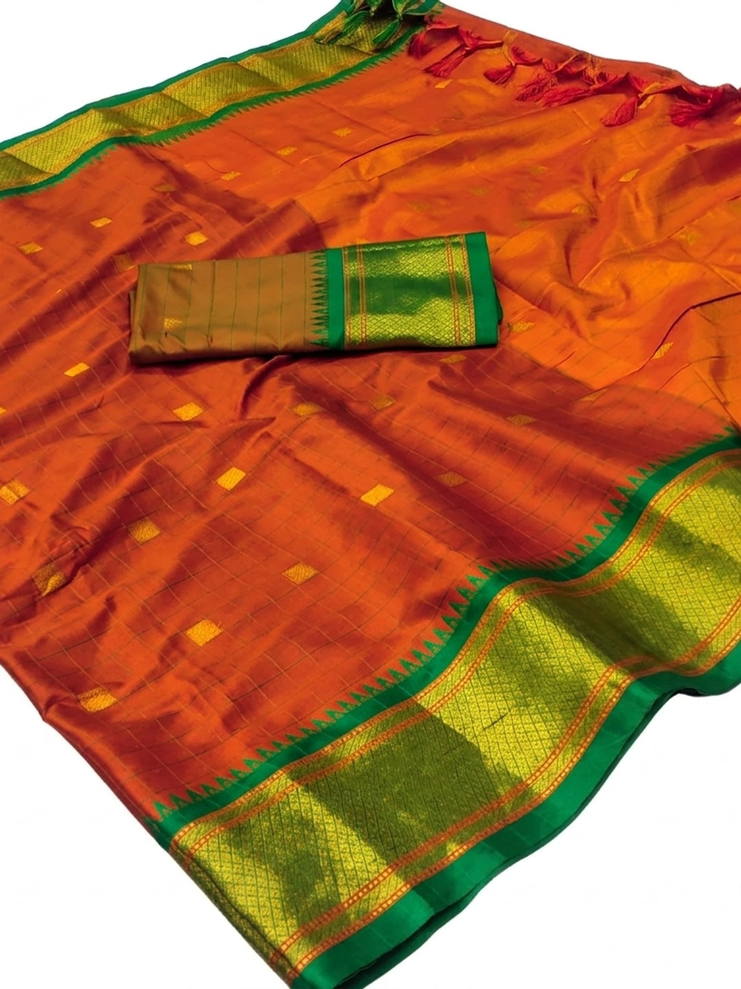 Rust & Green Woven Cotton Silk Saree With Tassels - Image 3
