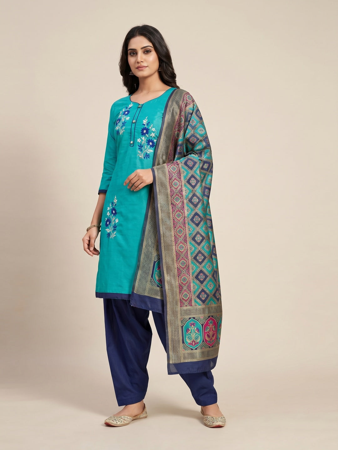 Turquoise Floral Embroidered Art Silk Dress Material - Image 1