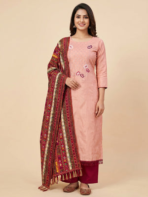 Peach Floral Embroidered Art Silk Dress Material - Image 1