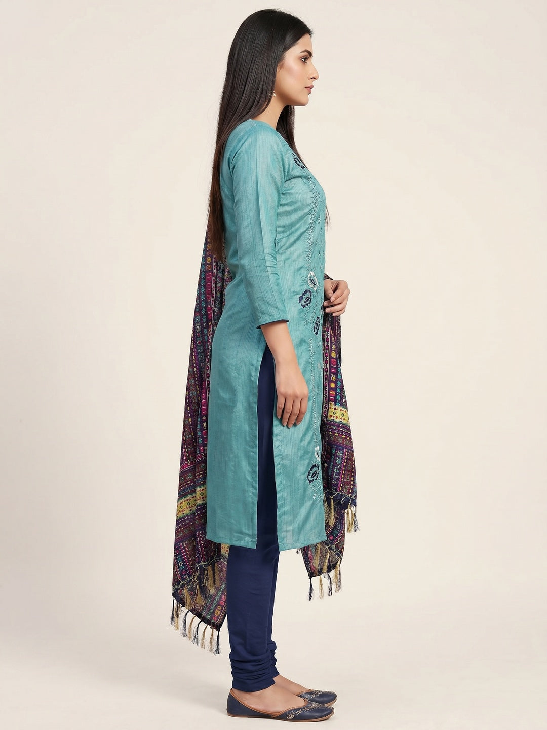 Turquoise Floral Embroidered Art Silk Dress Material - Image 2