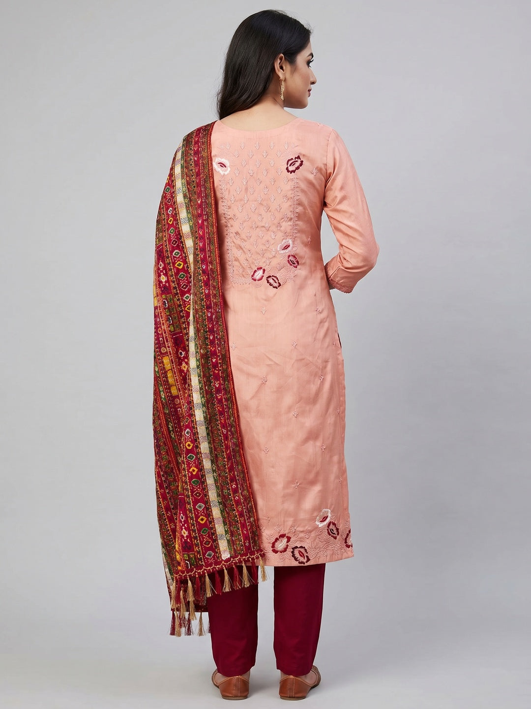 Peach Floral Embroidered Art Silk Dress Material - Image 2