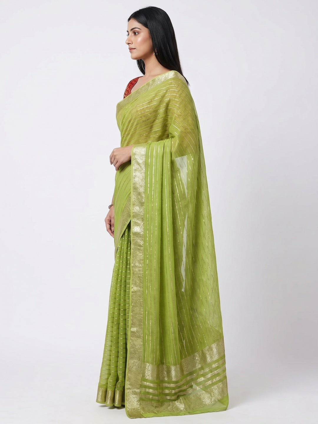 Green Striped Zari Woven Viscose Saree - Image 3