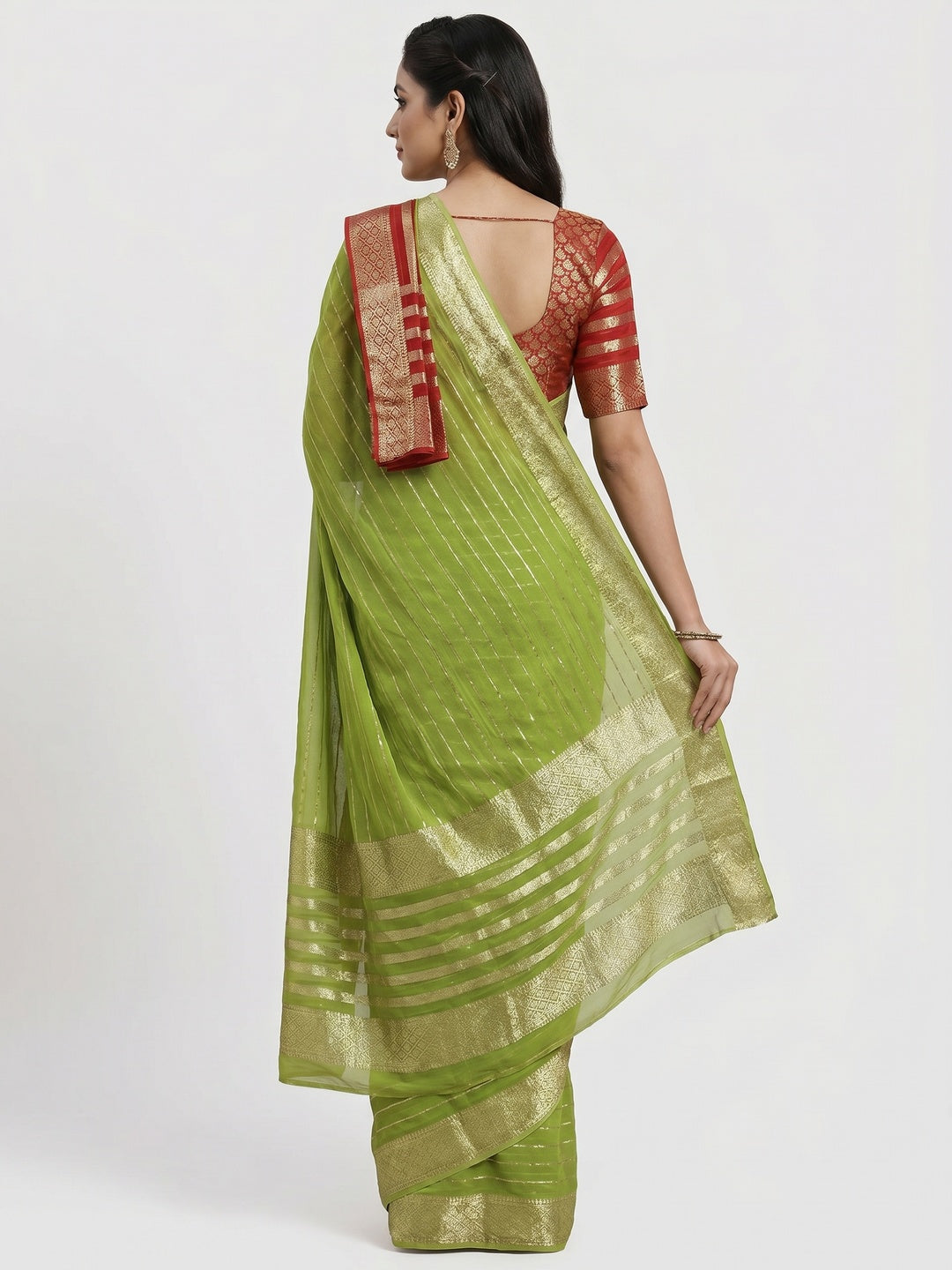 Green Striped Zari Woven Viscose Saree - Image 2