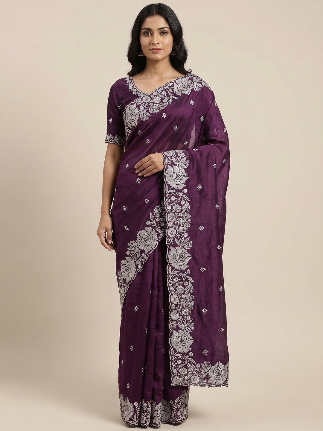 Purple Floral Zari Embroidered Chinon Silk Saree - Image 1