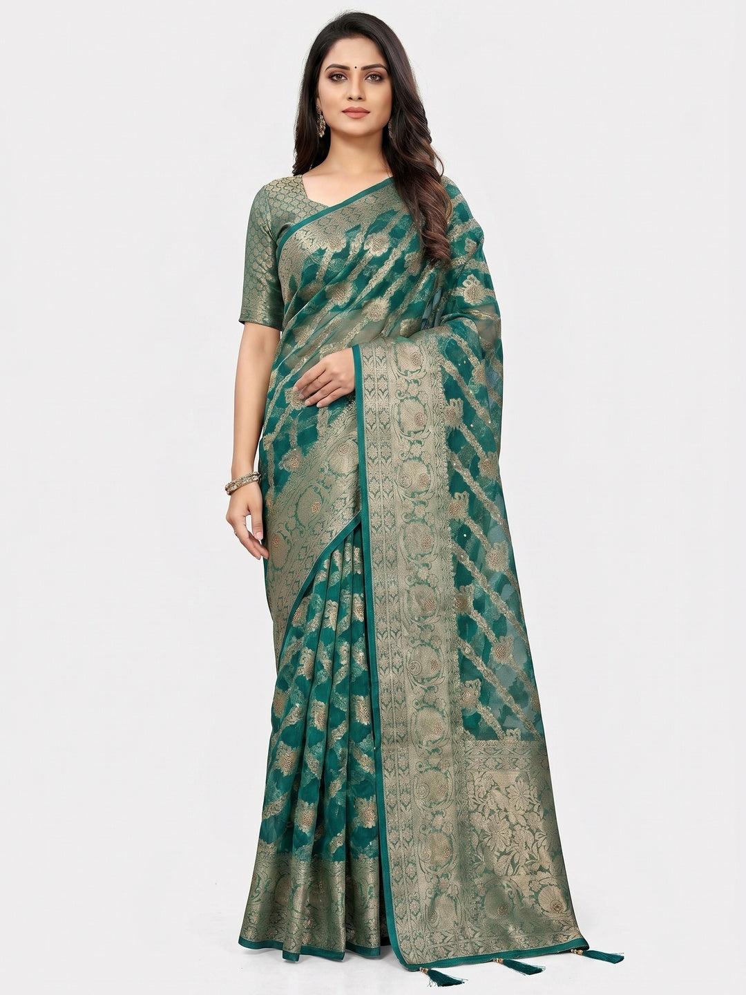 Morpich Green Stone Work Woven Organza Jacquard Saree - Image 1