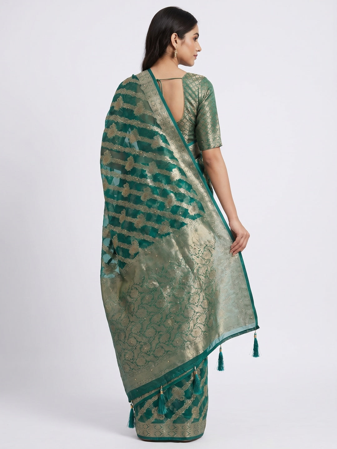 Morpich Green Stone Work Woven Organza Jacquard Saree - Image 2