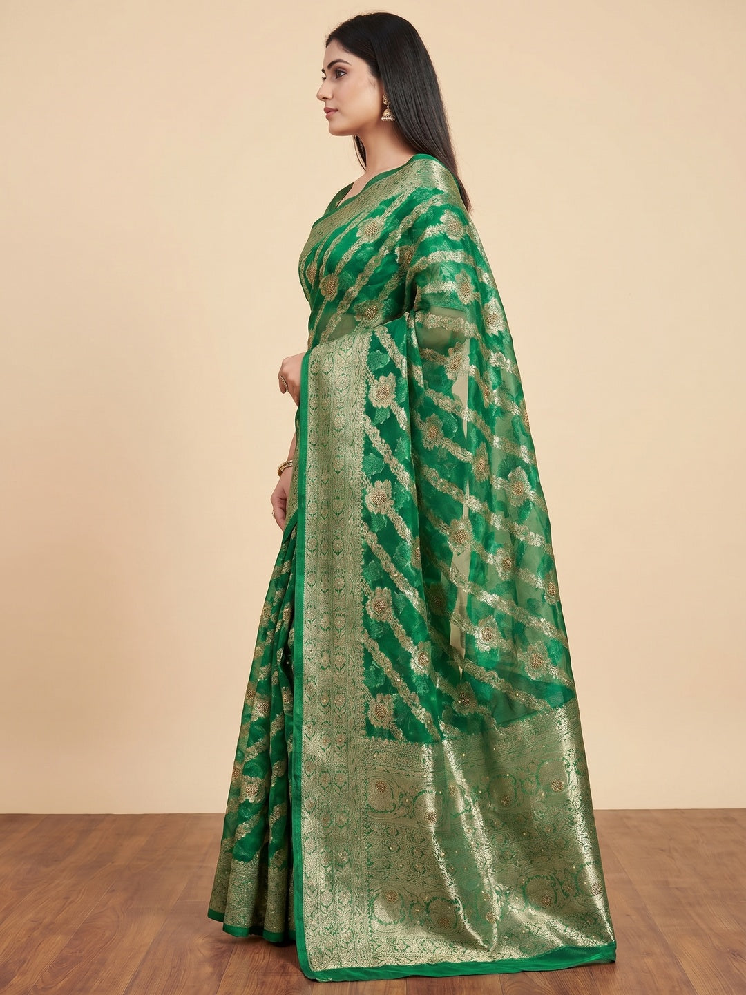 Green Stone Work Woven Organza Jacquard Saree - Image 2