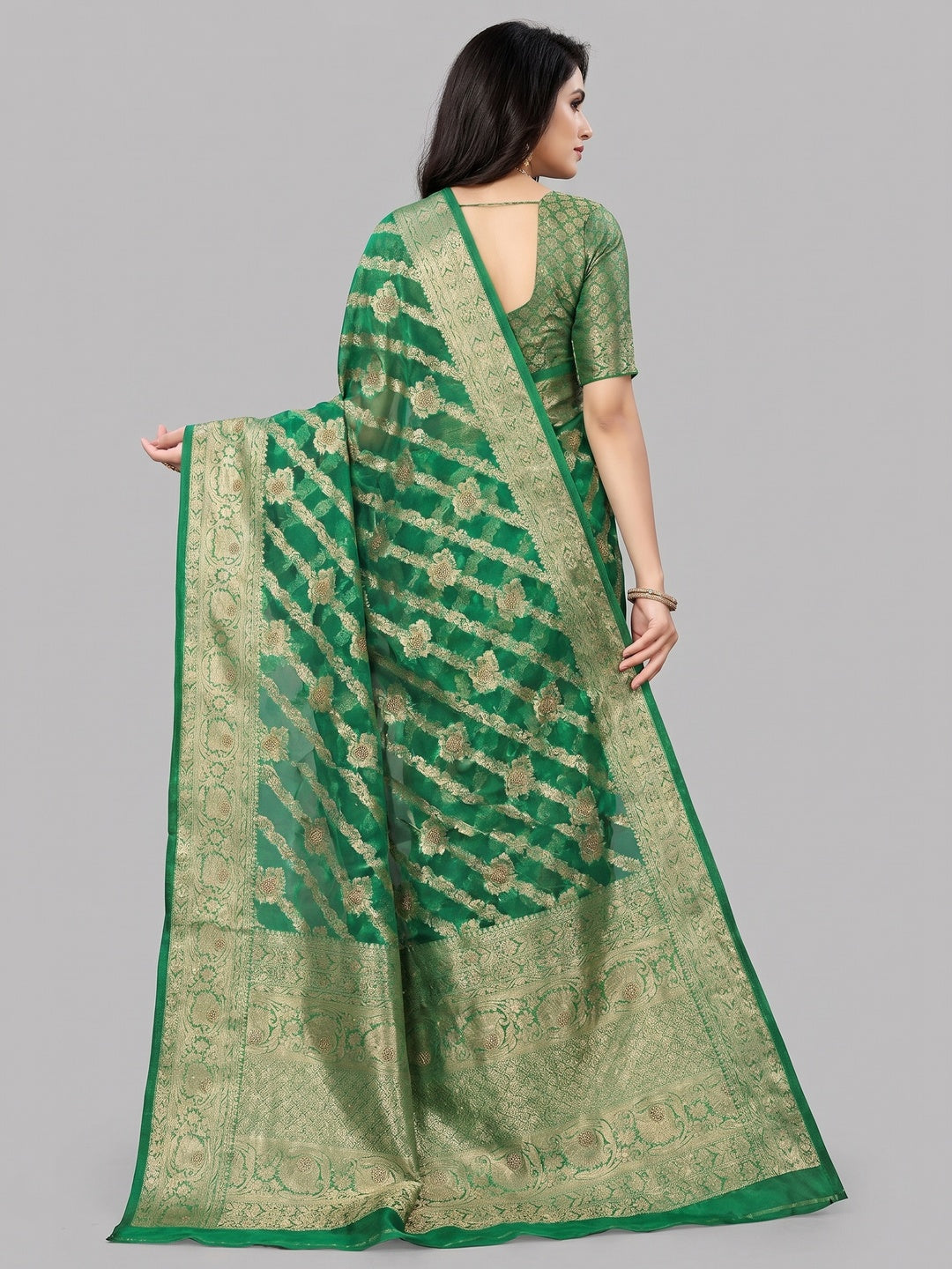 Green Stone Work Woven Organza Jacquard Saree - Image 3