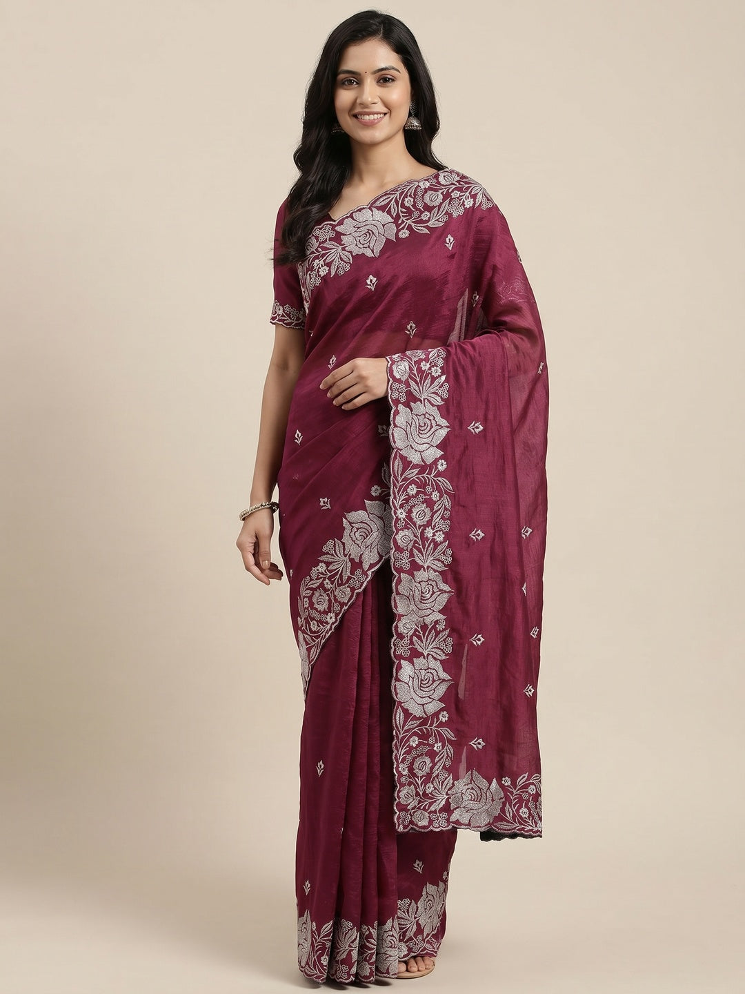 Wine Floral Zari Embroidered Chinon Silk Saree - Image 1