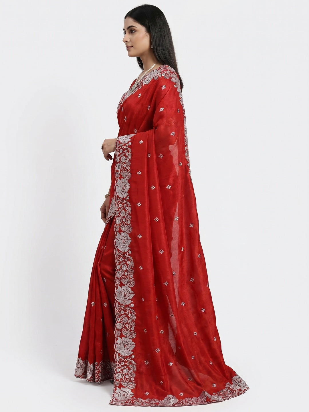 Red Floral Zari Embroidered Chinon Silk Saree - Image 2