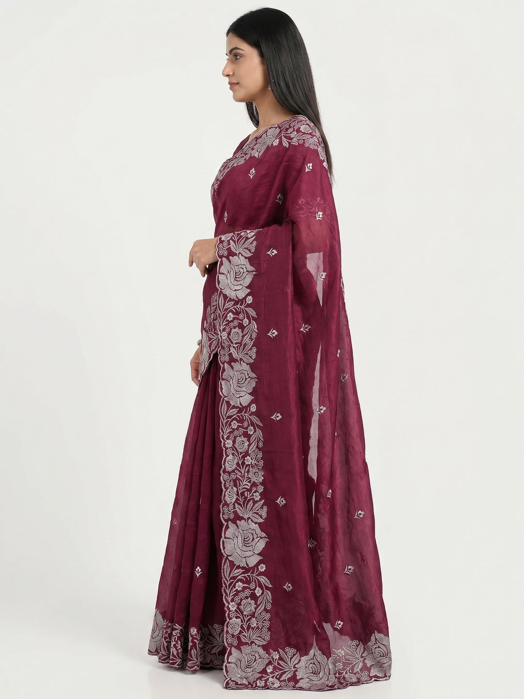 Wine Floral Zari Embroidered Chinon Silk Saree - Image 3