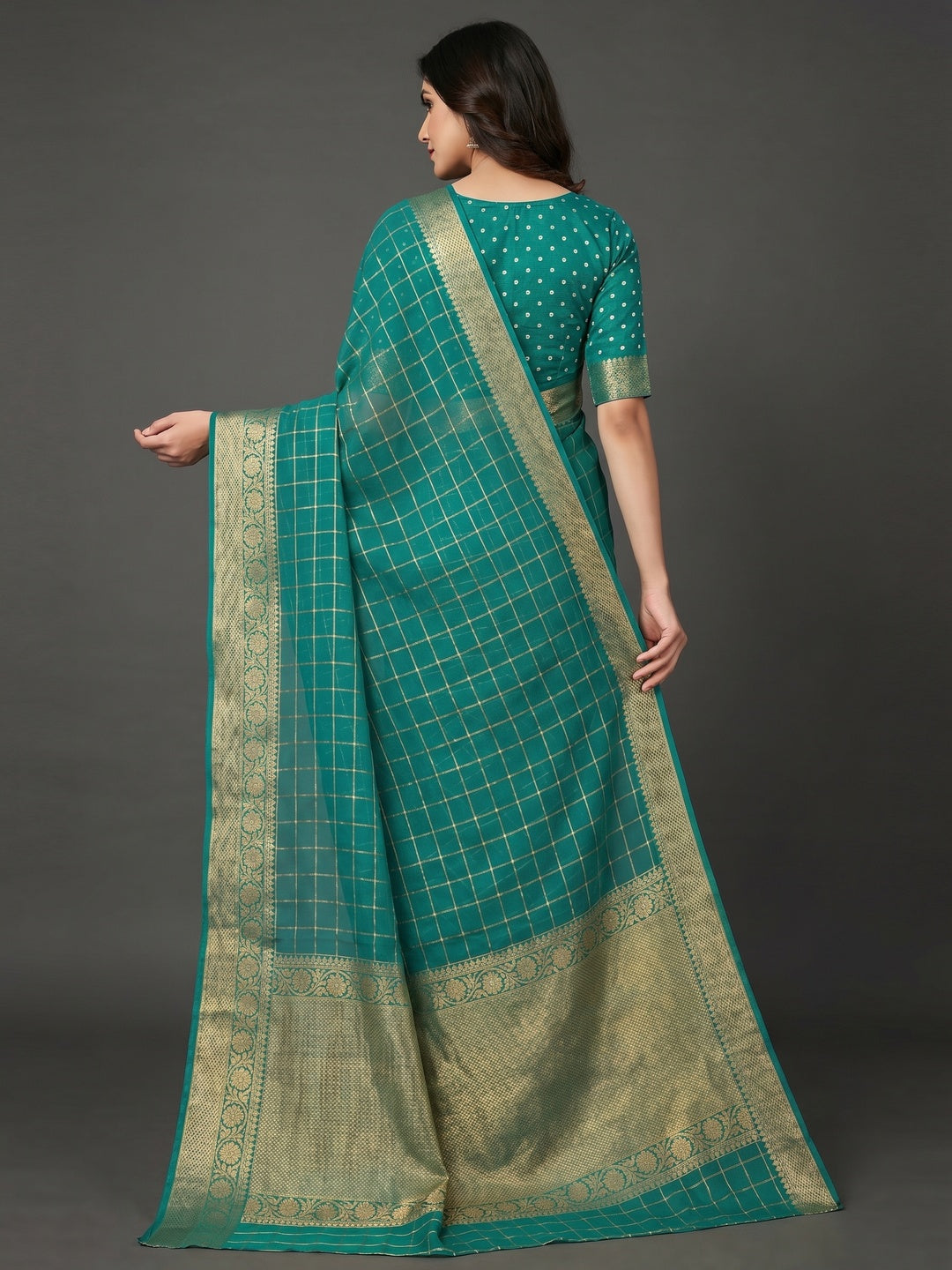 Rama Green Woven Chiffon Saree - Image 3