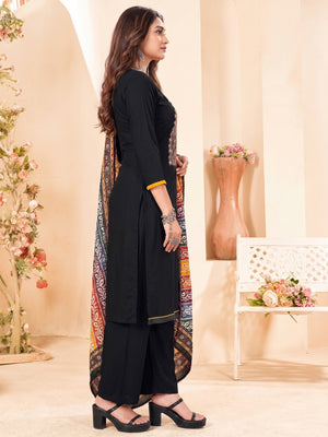 Black Embroidery With Diamond Rayon Dress Material - Image 1