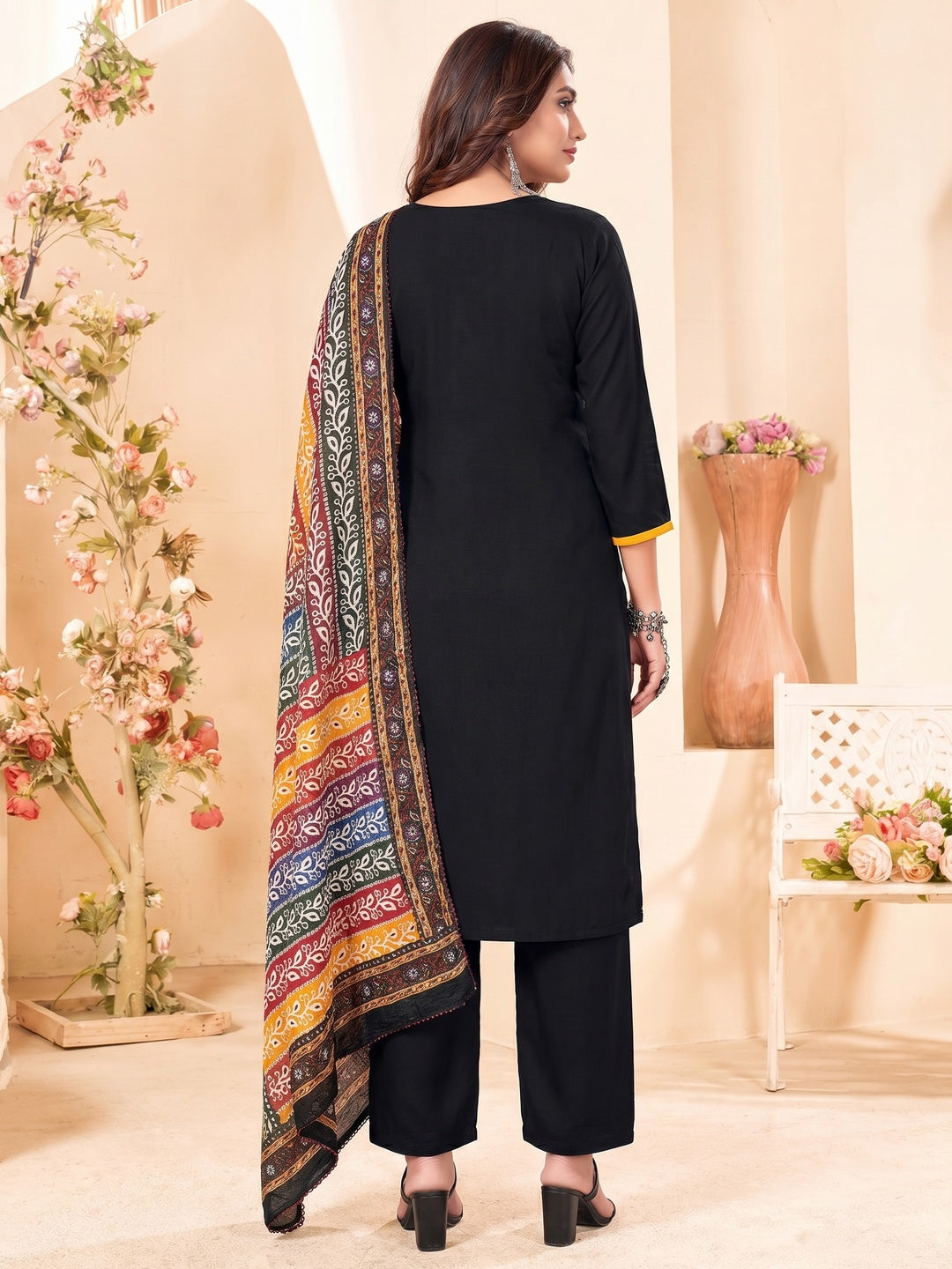 Black Embroidery With Diamond Rayon Dress Material - Image 2