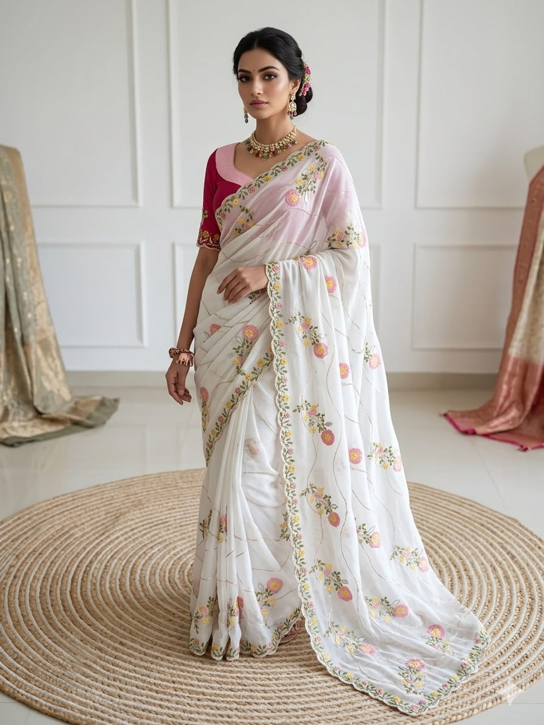 Peachmode White Star Georgette Saree with Floral embroidery and zari jaal work - Image 1