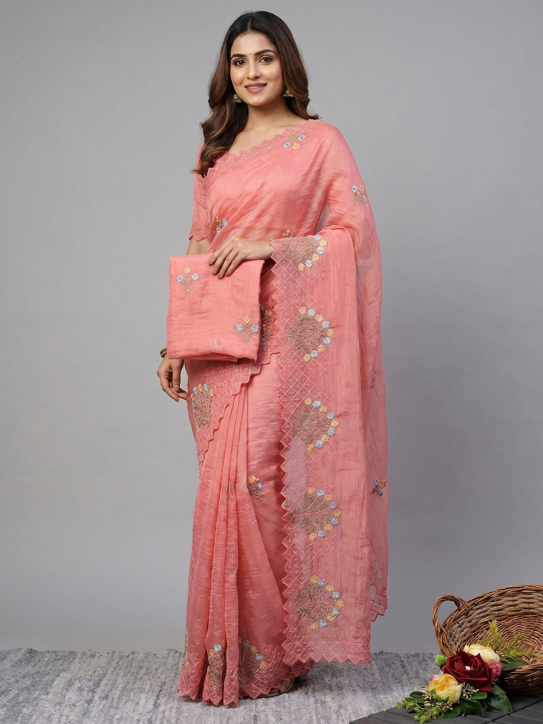 Peach Floral Sequins Embroidered Art Silk Crush Saree - Image 1