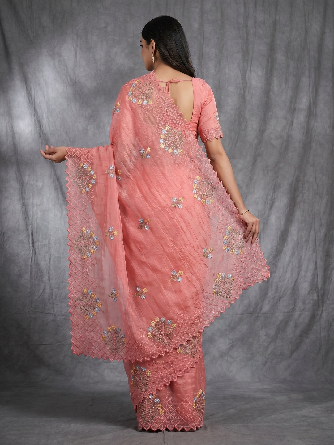 Peach Floral Sequins Embroidered Art Silk Crush Saree - Image 3