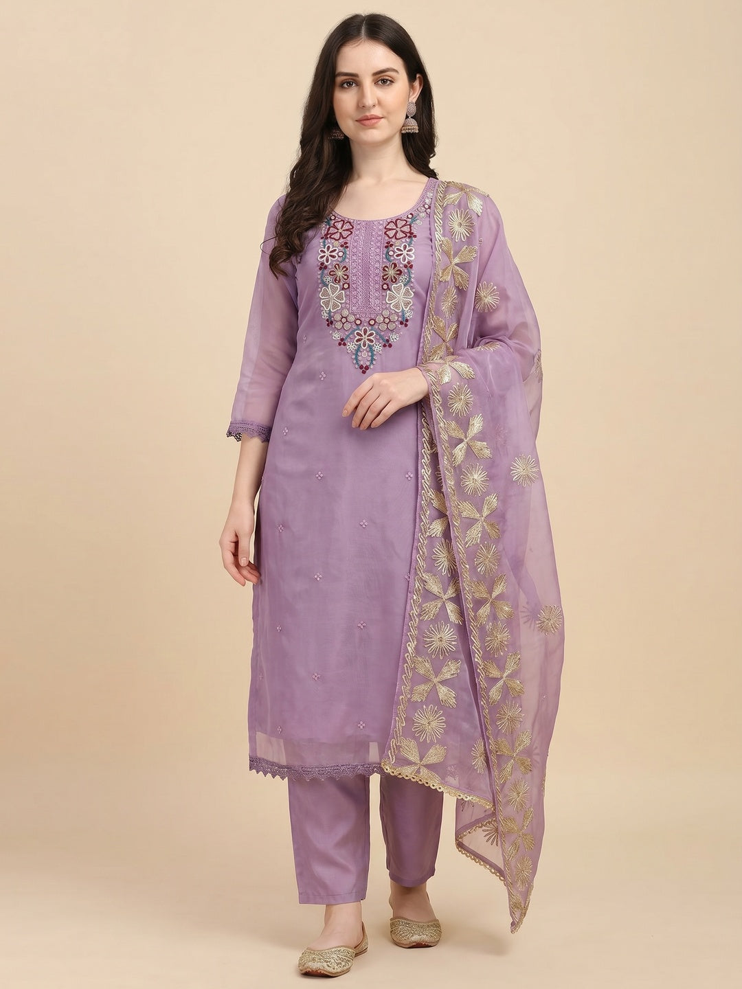 Lavender Floral Embroidered Soft Organza Dress Material - Image 1