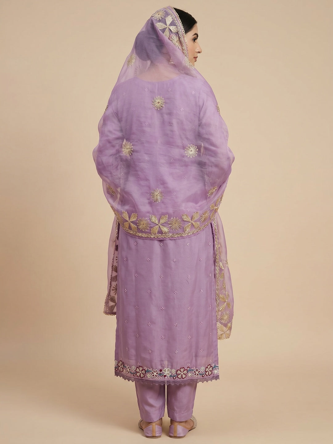 Lavender Floral Embroidered Soft Organza Dress Material - Image 2