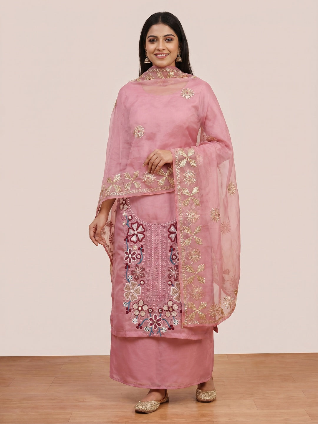 Pink Floral Embroidered Soft Organza Dress Material - Image 1