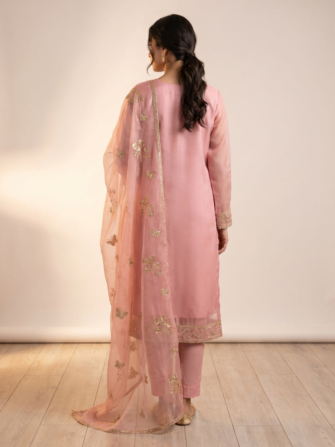 Pink Floral Embroidered Soft Organza Dress Material - Image 2