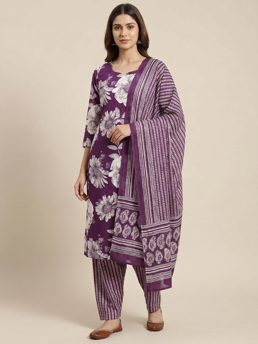 Elegant Purple Floral Printed Pure Cotton Unstitched Dress Material - Image 1