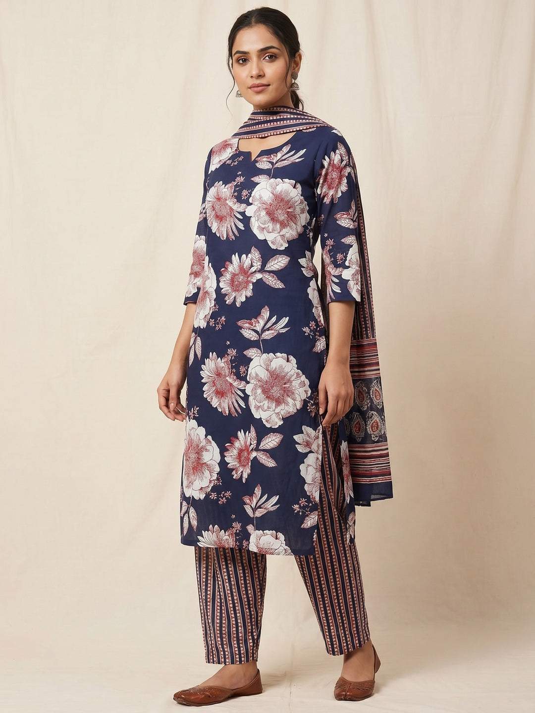 Blue Floral Printed Pure Cotton Dress Material - Image 1