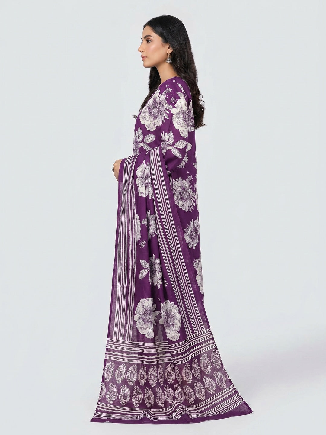 Elegant Purple Floral Printed Pure Cotton Unstitched Dress Material - Image 3