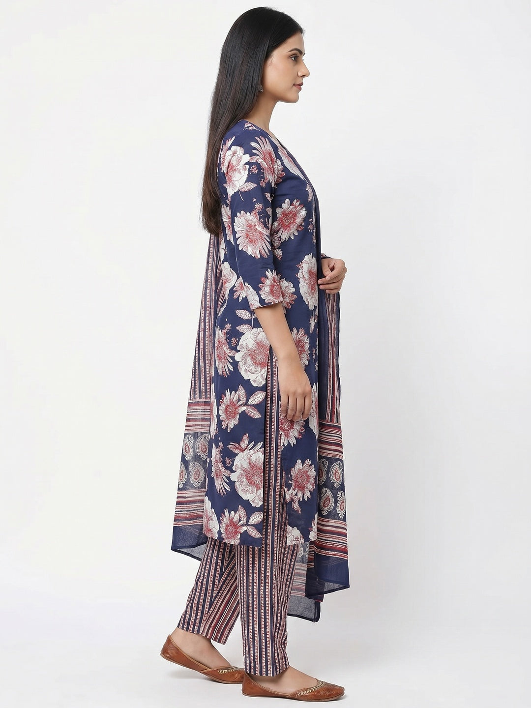 Blue Floral Printed Pure Cotton Dress Material - Image 2