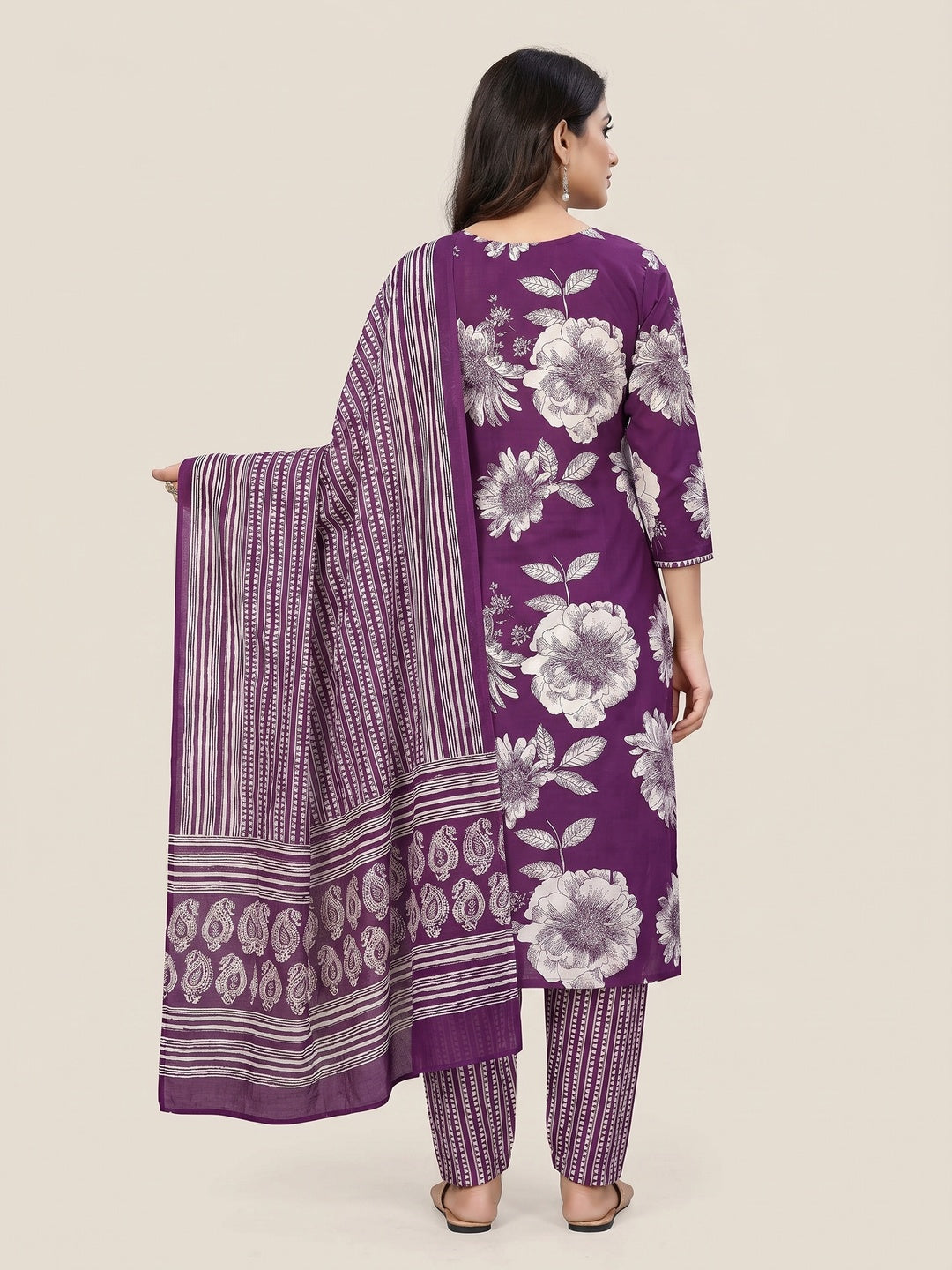 Elegant Purple Floral Printed Pure Cotton Unstitched Dress Material - Image 2