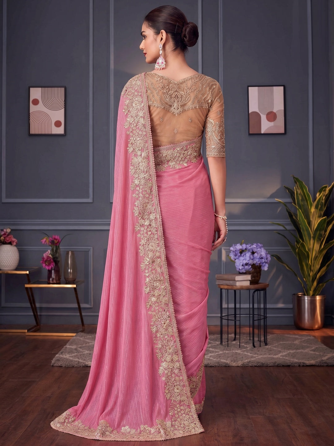 Pink Sequins Embroidered Satin Saree - Image 1