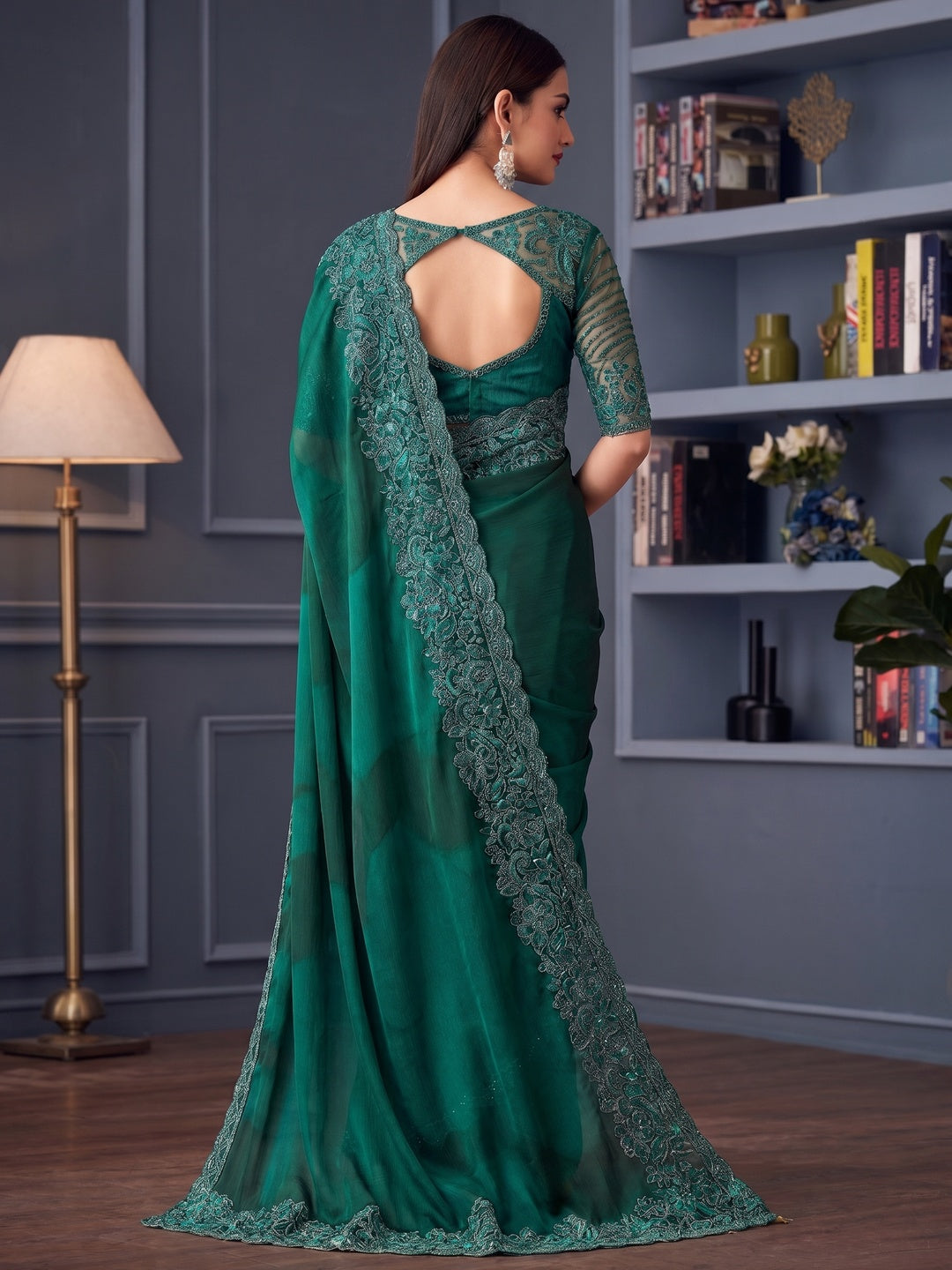 Green Sequins Embroidered Satin Saree - Image 1