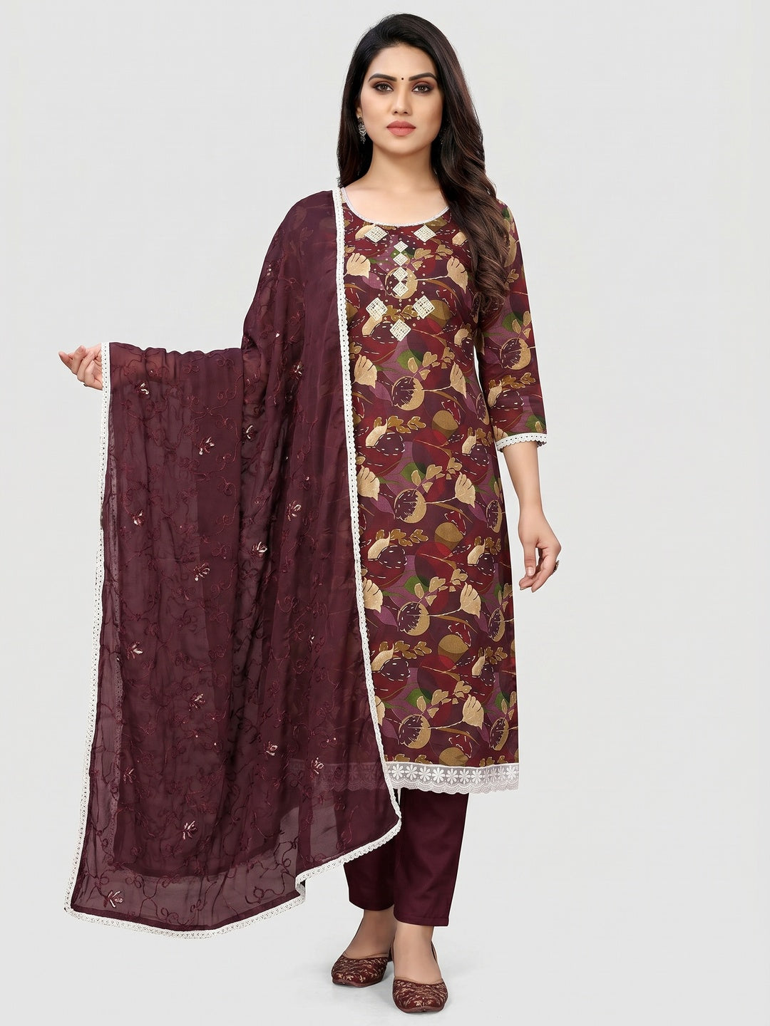 Wine Floral Printed Cotton Silk Dress Material - Image 1