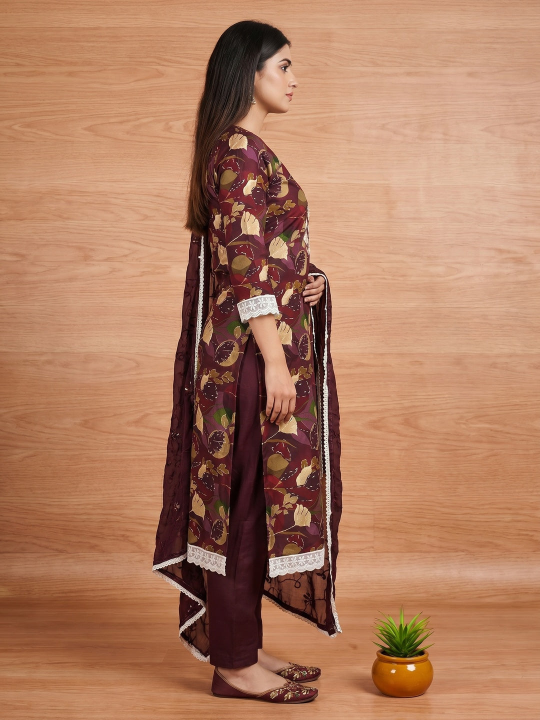 Wine Floral Printed Cotton Silk Dress Material - Image 3