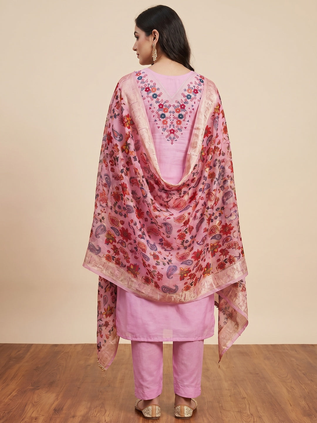 Pink Floral Embroidered Roman Cottom Silk Dress Material - Image 2
