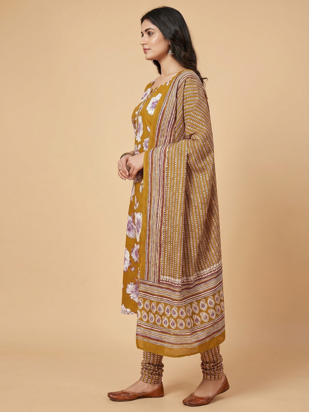 Mustard Floral Printed Pure Cotton Dress Material - Image 3