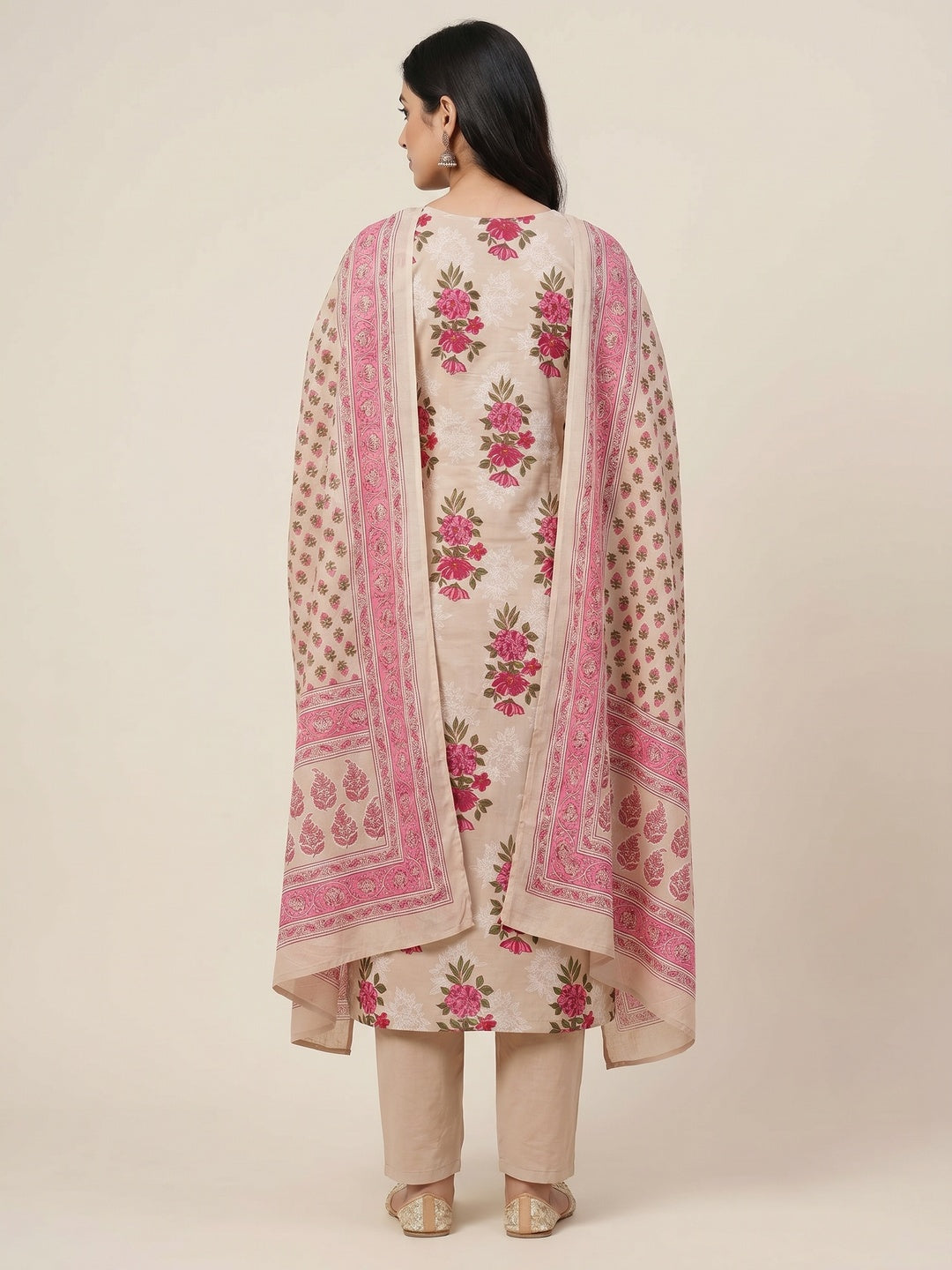 Beige Floral Printed Pure Cotton Dress Material - Image 2
