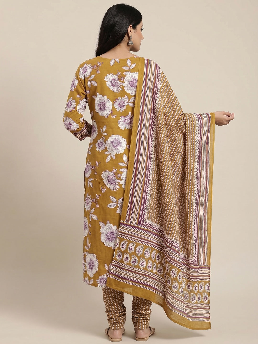 Mustard Floral Printed Pure Cotton Dress Material - Image 2