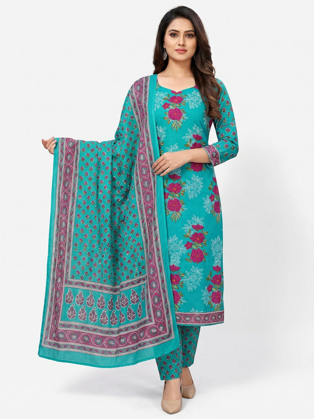 Turquoise Floral Printed Pure Cotton Dress Material - Image 1