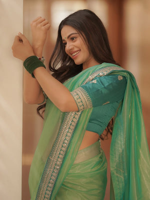 Peachmode Green Twill Net Saree with Sequins Embroidery - Image 2