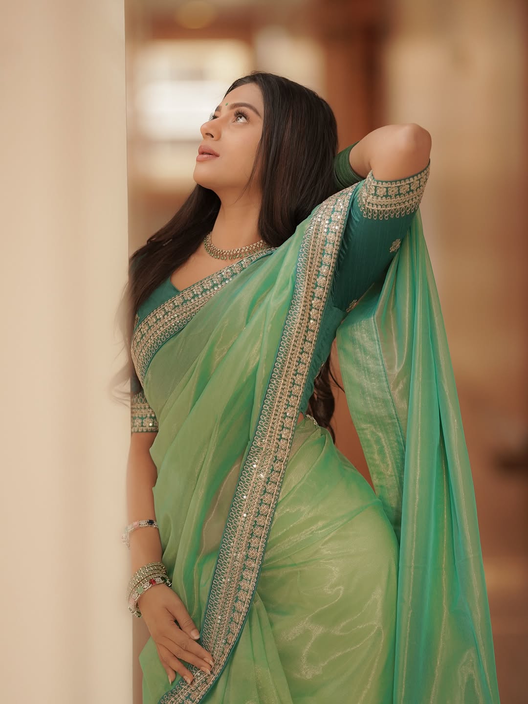 Peachmode Green Twill Net Saree with Sequins Embroidery - Image 5
