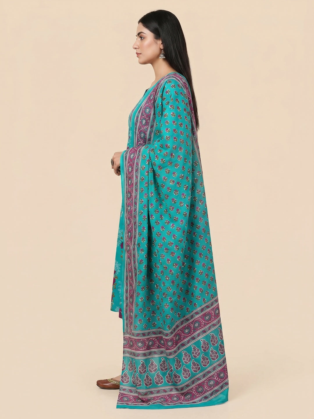 Turquoise Floral Printed Pure Cotton Dress Material - Image 3