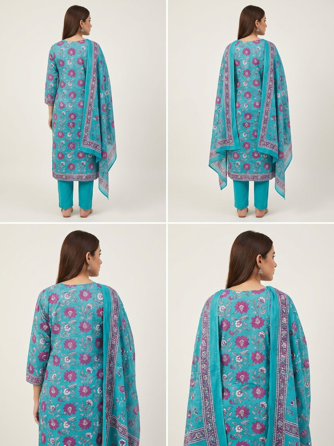 Turquoise Floral Printed Pure Cotton Dress Material - Image 2