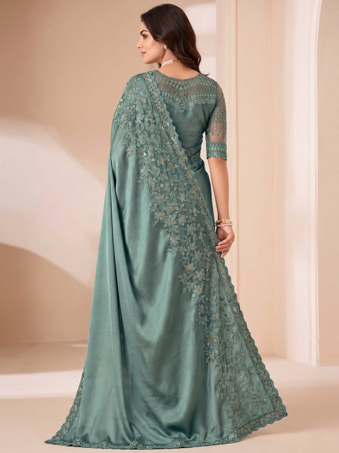 Sea Green Sequins Embroidered Satin Saree - Image 1