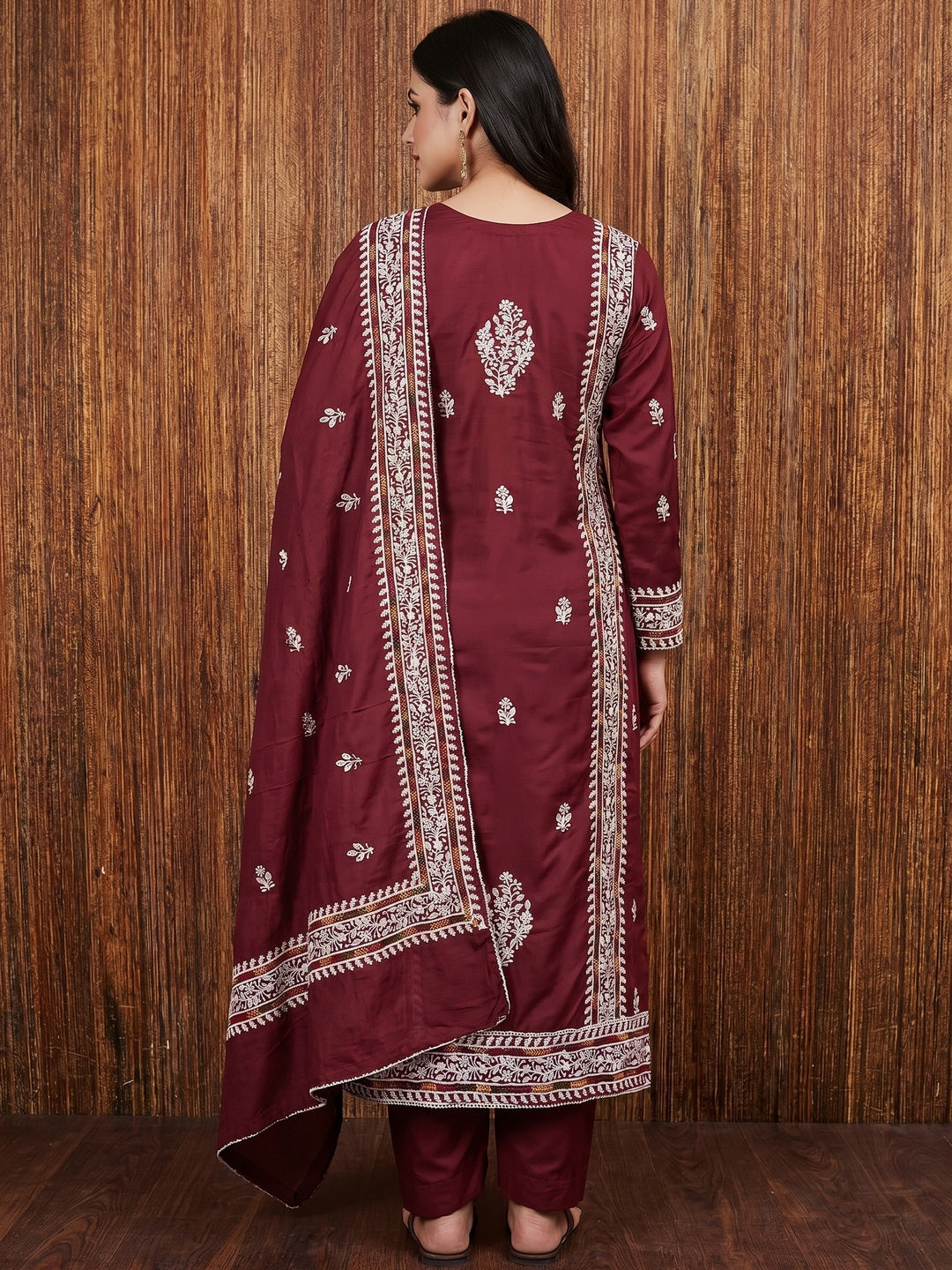 Maroon Floral Embroidered Cotton Silk Dress Material - Image 3