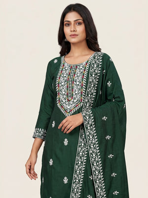 Green Floral Embroidered Cotton Silk Dress Material - Image 1