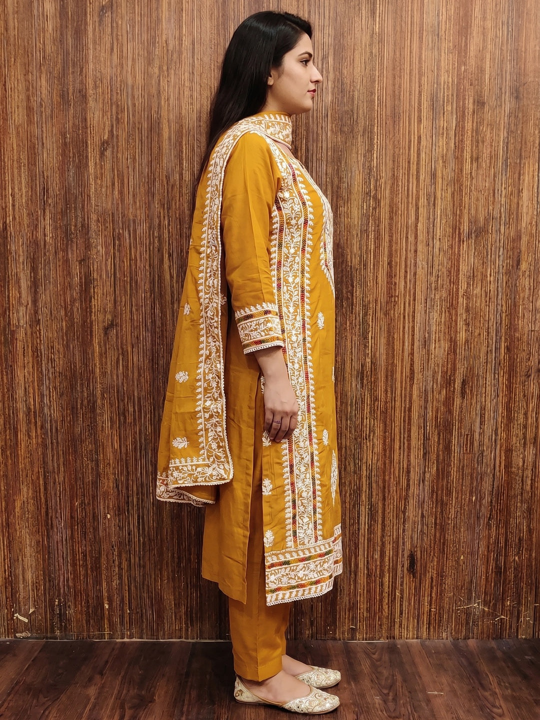 Mustard Floral Embroidered Cotton Silk Dress Material - Image 3