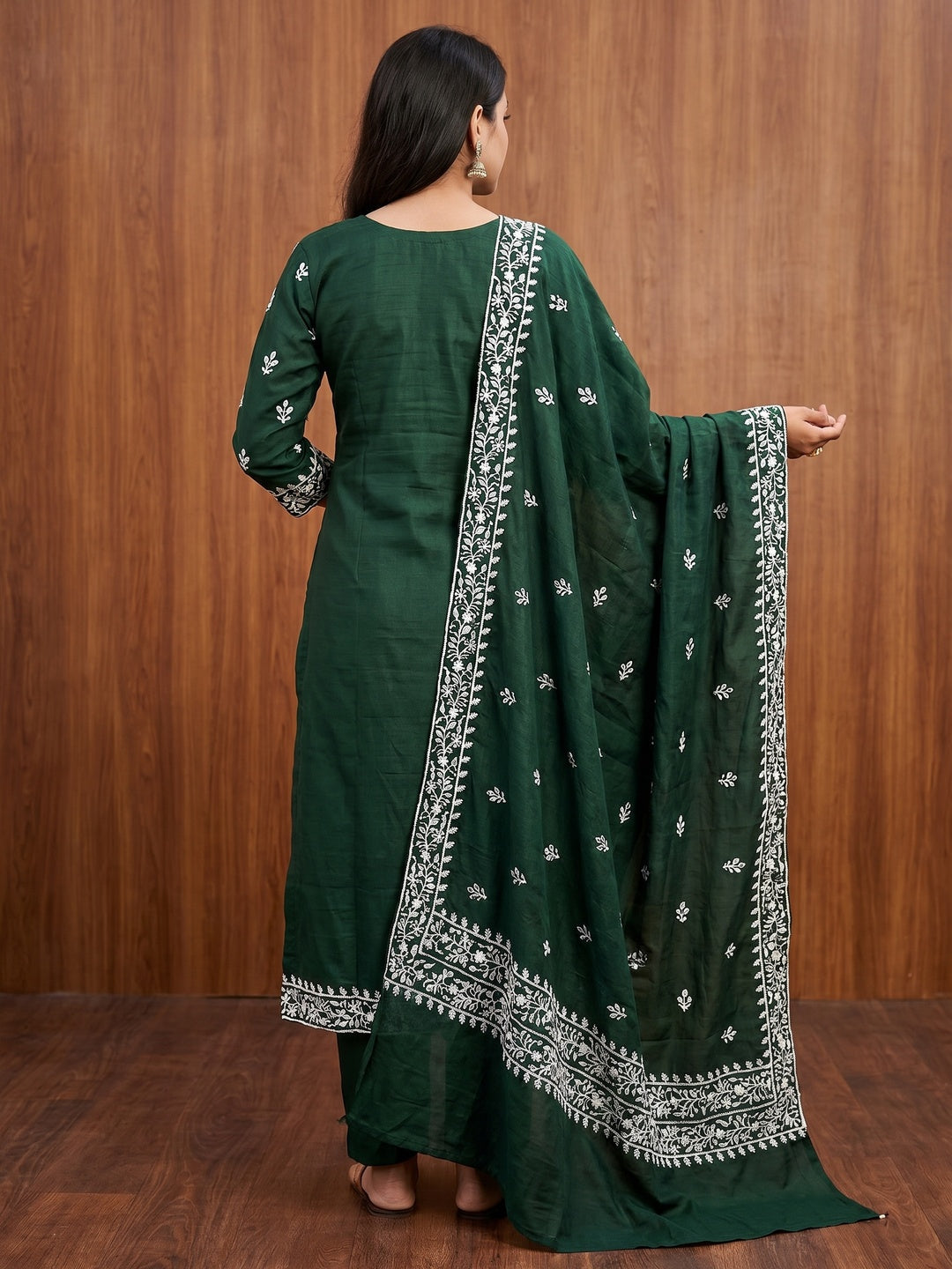Green Floral Embroidered Cotton Silk Dress Material - Image 3